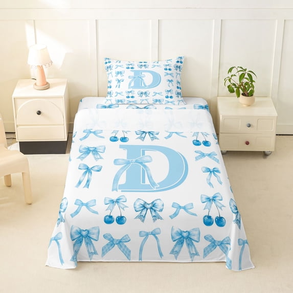 Castle Fairy Blue Cherry Bow Letter D Twin Sheet Sets 3pcs for Girls,Kawaii Fruit Initial Bedding
