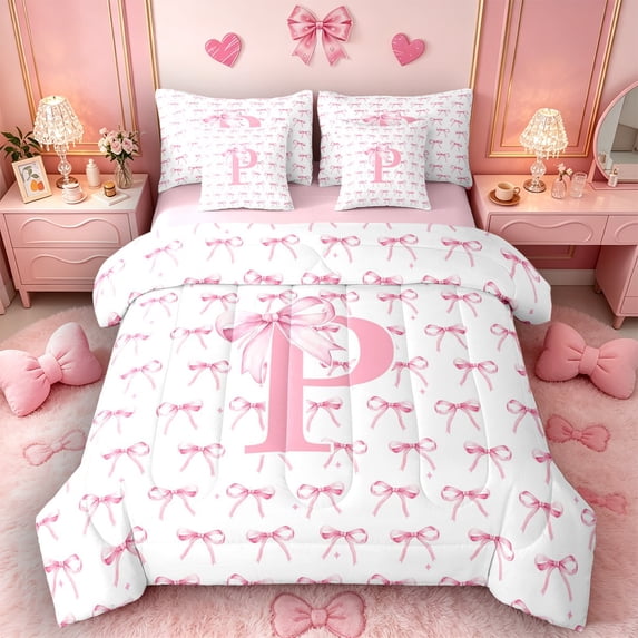 Castle Fairy Bow Print Letter P Bedding Comforter Set 7 Pieces for Girls,Princess Initial Bowknot Full Bedding Set,Pink Reversible