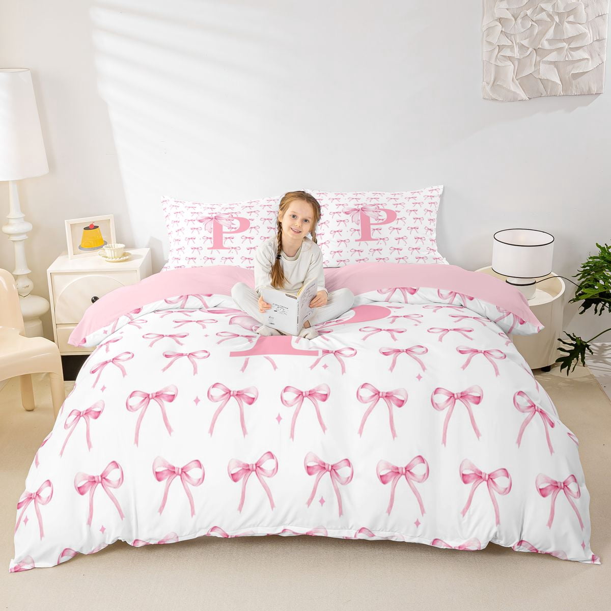 Castle Fairy Bow Print Letter P Duvet Cover Set for Girls,Princess ...