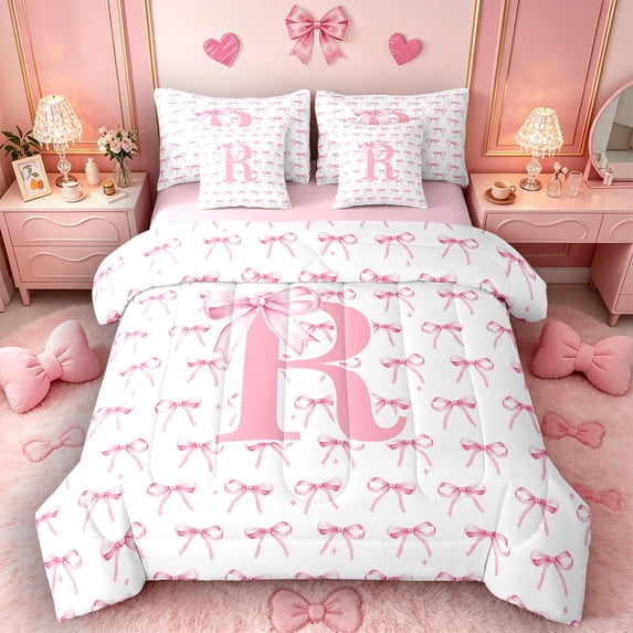 Castle Fairy Bow Print Letter R Bedding Comforter Set 7 Pieces for Girls,Sweet Ribbon Bowknot Full Bedding Set,Pink Reversible