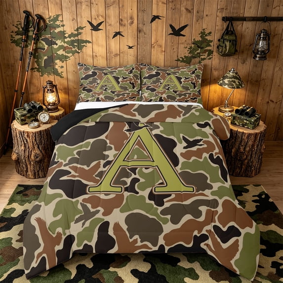 Castle Fairy Camo Duck Letter A Queen Comforter Set 3pcs for Men,Hunting Theme Bedding Comforter Set,Black Reversible