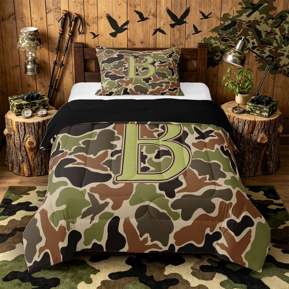 Castle Fairy Camo Duck Letter B Twin Comforter Sets 3-Piece for Adults,Hunting Theme Bedding Set,Black Reversible