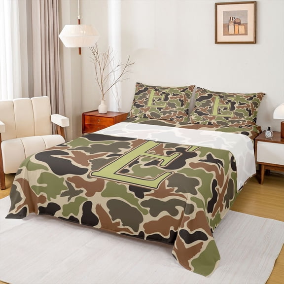 Castle Fairy Camo Duck Letter E Full Size Sheets 4-Piece for Men,Hunting Theme Bed Sheets