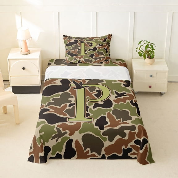 Castle Fairy Camo Duck Letter P Twin Sheet Sets 3pcs for Men,Hunting Theme Bedding