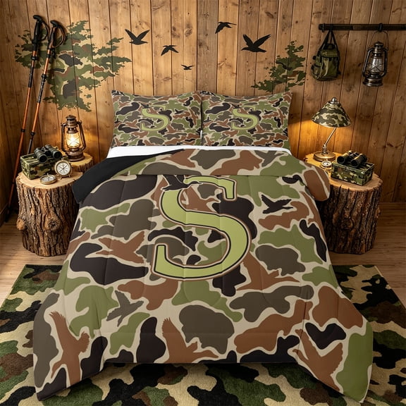 Castle Fairy Camo Duck Letter S Queen Comforter Set 3pcs for Men,Green Brown Bedding Comforter Set,Black Reversible