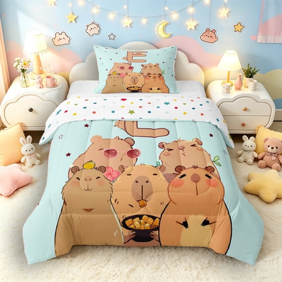 Castle Fairy Capybara Letter E Twin Comforter Sets 3-Piece for Kids,Cute Animal Bedding Set
