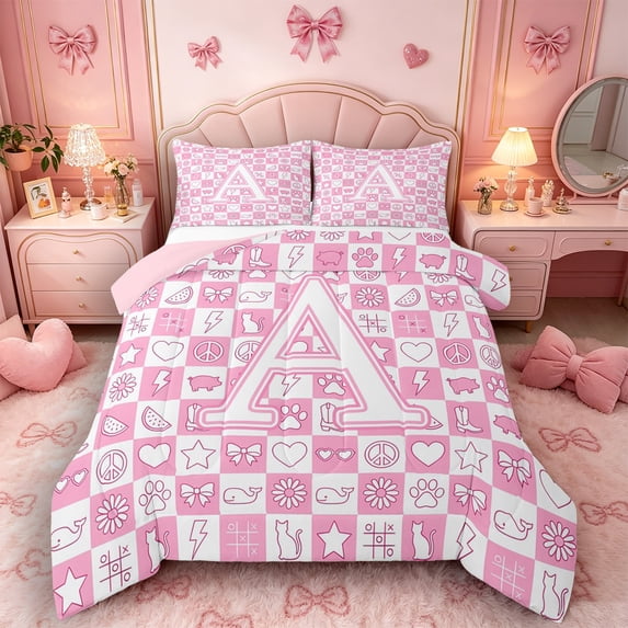 Castle Fairy Checkered Letter A Full Size Comforter Sets 3 Pieces for Teens,Pink Plaid Bedding Sets for Preppy Room,Pink Reversible