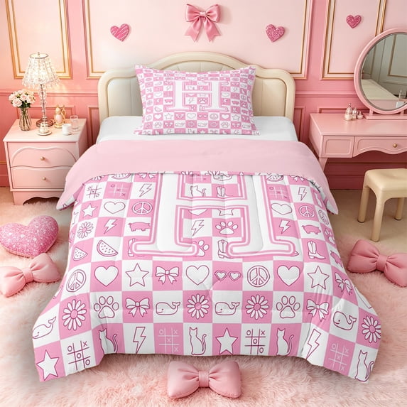 Castle Fairy Checkered Letter H Twin Comforter Sets 3-Piece for Girls,Pink Plaid Bedding Set,Pink Reversible