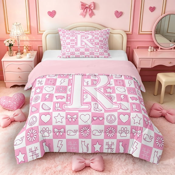 Castle Fairy Checkered Letter R Twin Comforter Sets 3-Piece for Girls,Pink White Plaid Bedding Set for Modern Decor,Pink Reversible