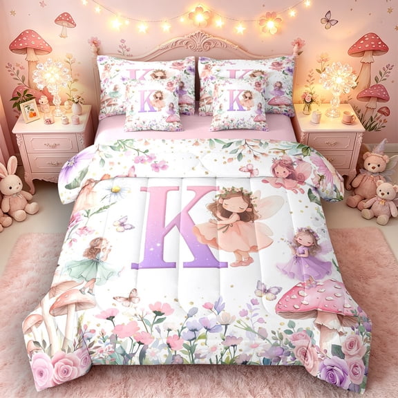 Castle Fairy Cute Fairy Gradient Letter K Bedding Comforter Set 7 Pieces for Girls,Cartoon Floral Elf Full Bedding Set,Pink Reversible