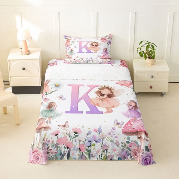 Castle Fairy Cute Fairy Gradient Letter K Twin Sheet Sets 3pcs for Girls,Cartoon Floral Elf Bedding