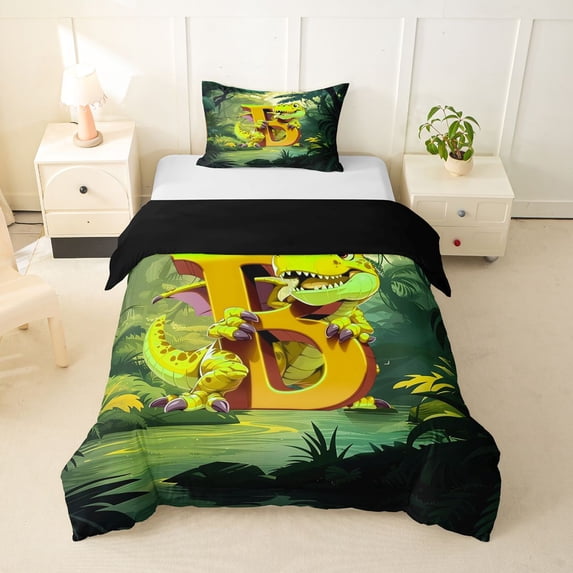 Castle Fairy Dinosaur Jungle Letter B Twin Bedding for Kids,Cartoon Animal Duvet Cover Set,2pcs,No Comforter,Black Reversible