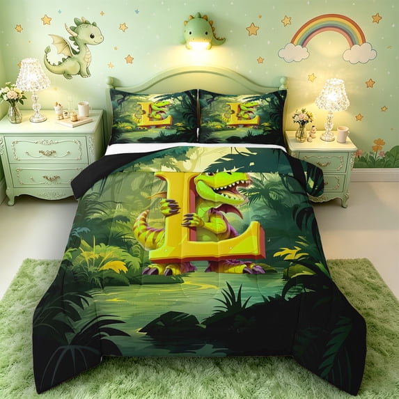 Castle Fairy Dinosaur Jungle Letter L Queen Comforter Set 3pcs for Kids,Cartoon Animal Bedding Comforter Set for Bedroom,Black Reversible