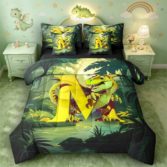 Castle Fairy Dinosaur Jungle Letter M Bedding Comforter Set 7pcs for Kids,Cartoon Animal Queen Bedding Sets for Bedroom,Black Reversible