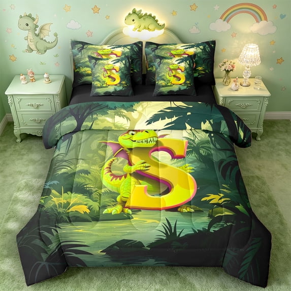 Castle Fairy Dinosaur Jungle Letter S Bedding Comforter Set 7pcs for Kids,Cartoon Wildlife Dino Queen Bedding Sets for Bedroom,Black Reversible