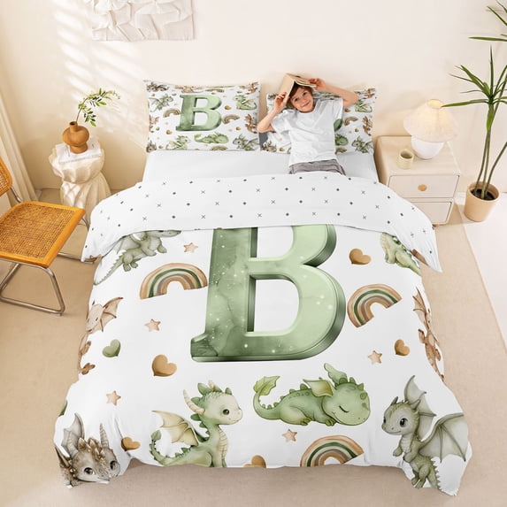 Castle Fairy Dragon Letter B Queen Duvet Cover Set for Child,Watercolor Animal Bedding,3 Pieces,No Comforter