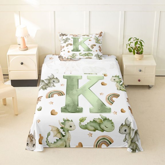 Castle Fairy Dragon Letter K Twin Sheet Sets 3pcs for Children,Watercolor Pattern Bedding for Kids