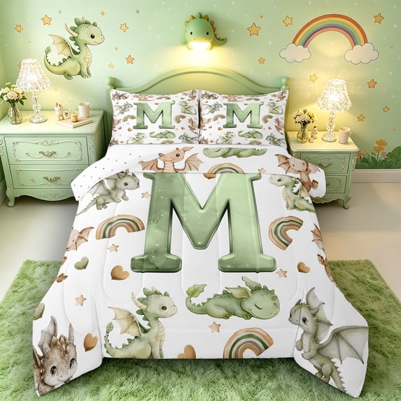 Castle Fairy Dragon Letter M Full Size Comforter Sets 3 Pieces for Child,Cute Rainbow Animal Bedding Sets