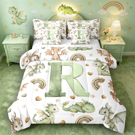 Castle Fairy Dragon Letter R Bedding Comforter Set 7pcs for Kids,Watercolor Animal Queen Bedding Sets
