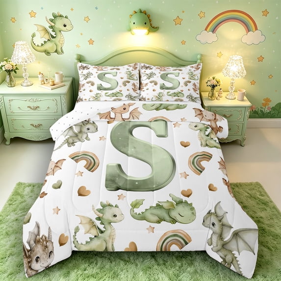 Castle Fairy Dragon Letter S Queen Comforter Set 3pcs for Kids,Cartoon Animal Bedding Comforter Set