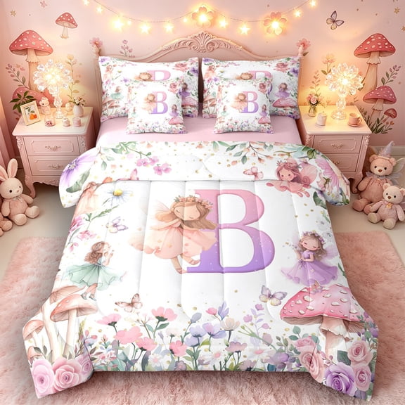 Castle Fairy Fairy Garden Letter B Bedding Comforter Set 7 Pieces for Girls,Kawaii Floral Elf Full Bedding Set,Pink Reversible
