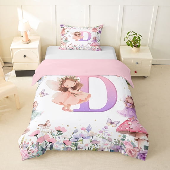 Castle Fairy Fairy Garden Letter D Twin Bedding for Girls,Cartoon Floral Elf Duvet Cover Set,2pcs,No Comforter,Pink Reversible