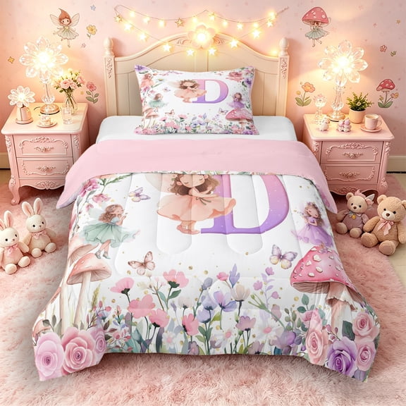 Castle Fairy Fairy Garden Letter D Twin Comforter Sets 3-Piece for Girls,Cartoon Floral Elf Bedding Set,Pink Reversible