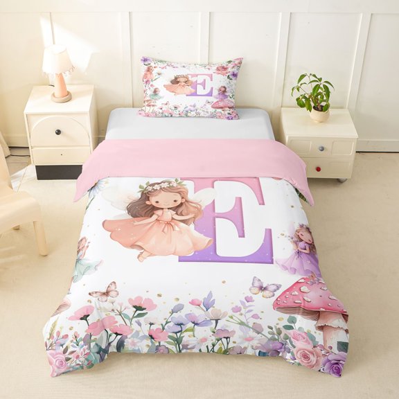 Castle Fairy Fairy Garden Letter E Twin Bedding for Girls,Kawaii Floral Elf Duvet Cover Set,2pcs,No Comforter,Pink Reversible