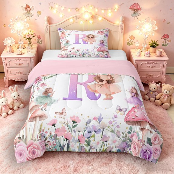 Castle Fairy Fairy Garden Letter R Twin Comforter Sets 3-Piece for Girls,Cartoon Floral Elf Bedding Set for Bedroom,Pink Reversible