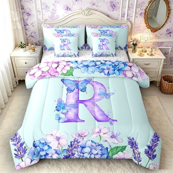 Castle Fairy Floral Butterfly Letter R Bedding Comforter Set 7pcs for Girls,Watercolor Flowers Queen Bedding Sets