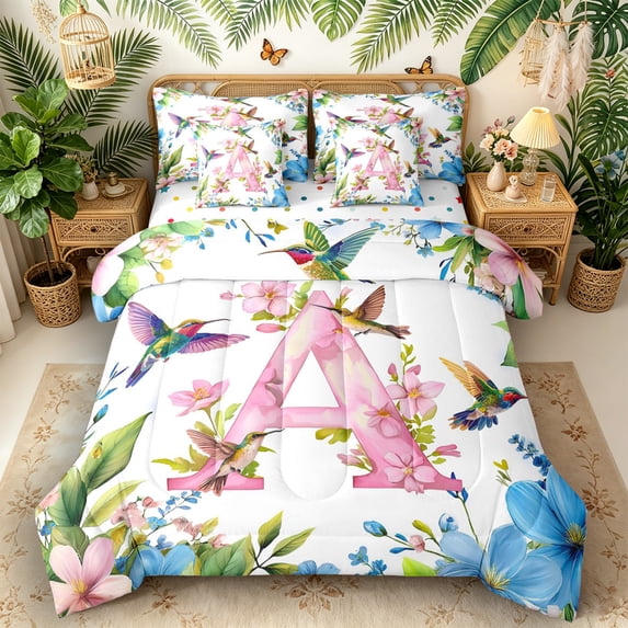 Castle Fairy Floral Letter A Hummingbird Twin Bedding Sets 7-Piece for Women,Spring Garden Bedding Comforter Set for Home Decor