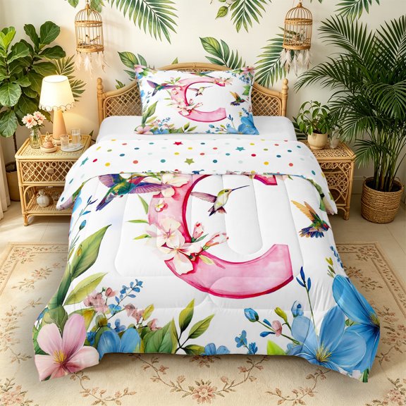 Castle Fairy Floral Letter C Hummingbird Twin Comforter Sets 3-Piece for Adults,Spring Garden Bedding Set