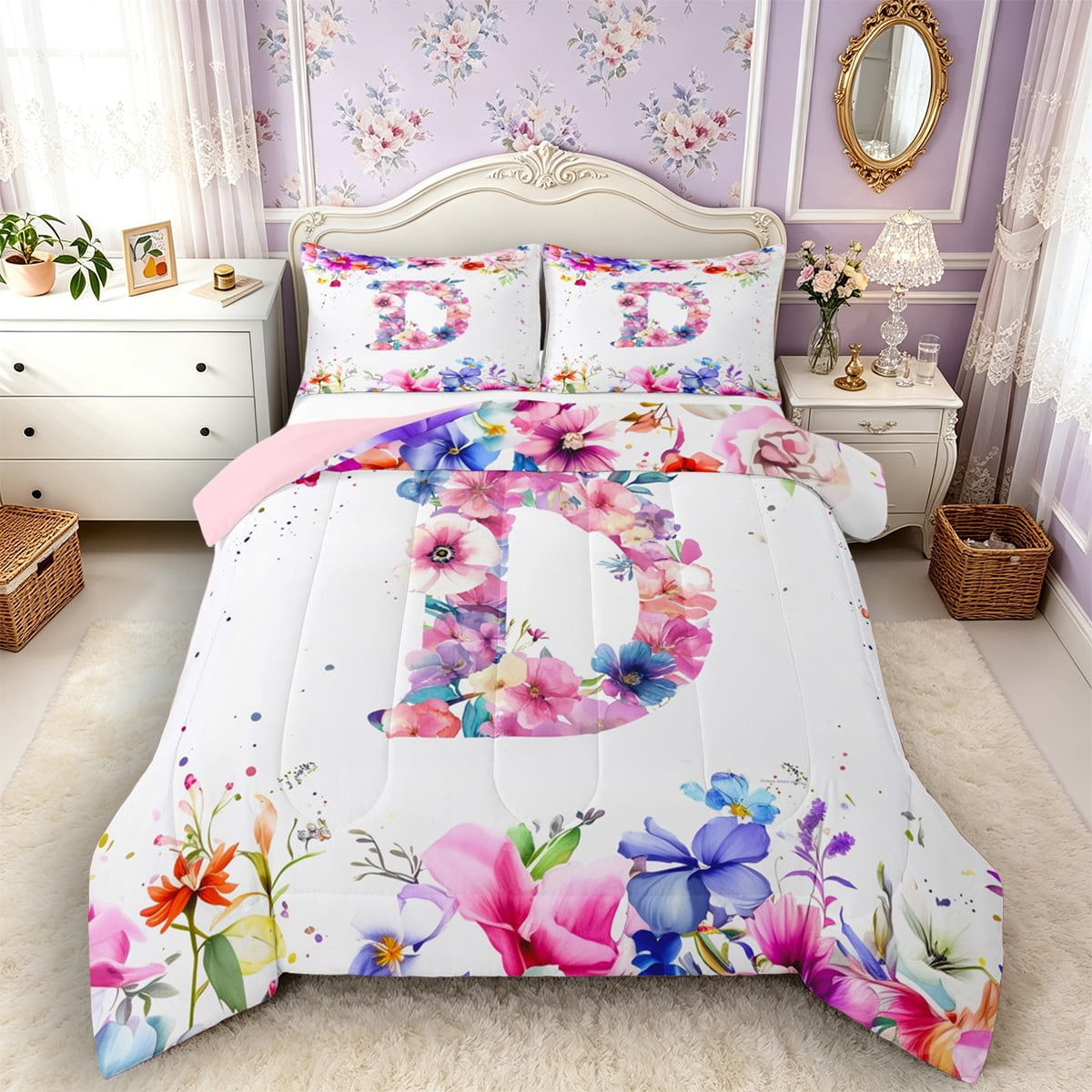 Castle Fairy Floral Letter D Full Size Comforter Sets 3 Pieces for ...