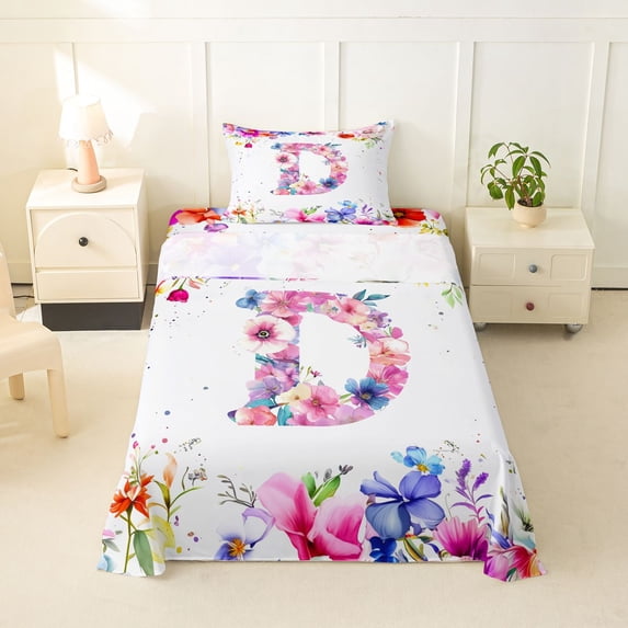 Castle Fairy Floral Letter D Twin Sheet Sets 3pcs for Adults,Chic Flowers Bedding