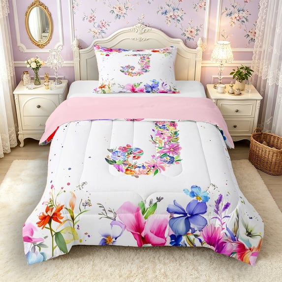 Castle Fairy Floral Letter J Twin Comforter Sets 3-Piece for Adults,Spring Garden Bedding Set for Bedroom,Pink Reversible