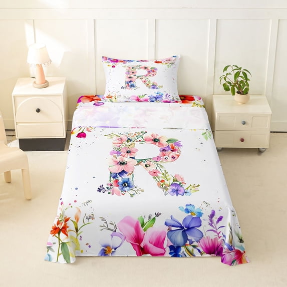 Castle Fairy Floral Letter R Twin Sheet Sets 3pcs for Adults,Spring Garden Bedding for Bedroom