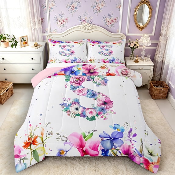 Castle Fairy Floral Letter S Full Size Comforter Sets 3 Pieces for Adults,Chic Flowers Bedding Sets,Pink Reversible