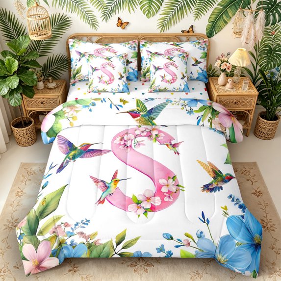 Castle Fairy Floral Letter S Hummingbird Bedding Comforter Set 7pcs for Adults,Spring Garden Queen Bedding Sets