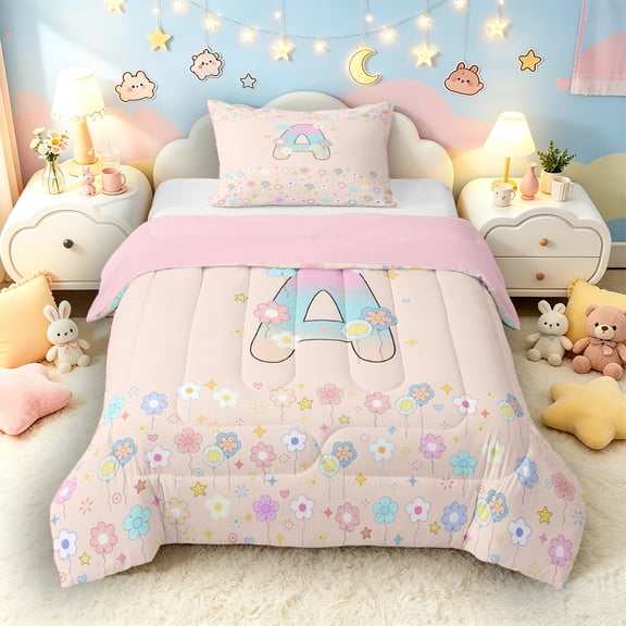 Castle Fairy Flower Balloon Letter A Twin Comforter Sets 3-Piece for Girls,Pastel Initial Bedding Set for Kids,Pink Reversible