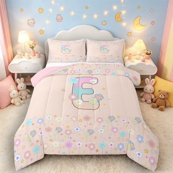 Castle Fairy Flower Balloon Letter E Queen Comforter Set 3pcs for Girls,Pastel Initial Bedding Comforter Set for Kids,Pink Reversible