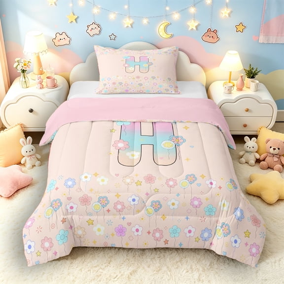 Castle Fairy Flower Balloon Letter H Twin Comforter Sets 3-Piece for Kids,Gradient Initial Bedding Set,Pink Reversible