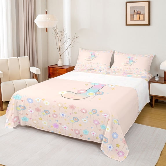 Castle Fairy Flower Balloon Letter J Queen Sheet Sets 4 Pieces for Girls,Pastel Initial Bed Set