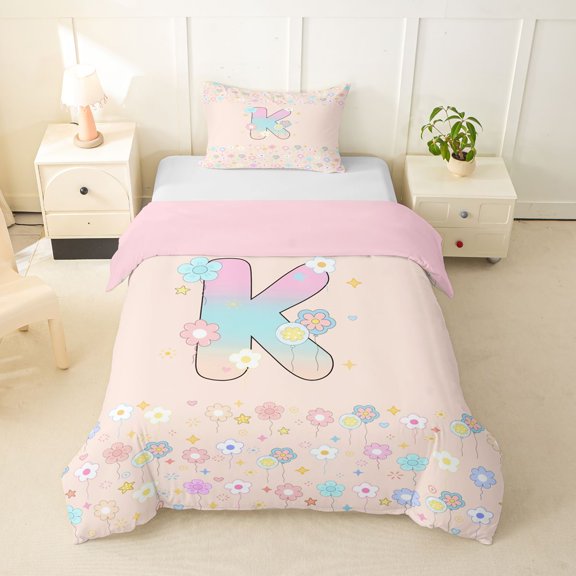 Castle Fairy Flower Balloon Letter K Twin Bedding for Kids,Pastel Floral Initial Duvet Cover Set,2pcs,No Comforter,Pink Reversible