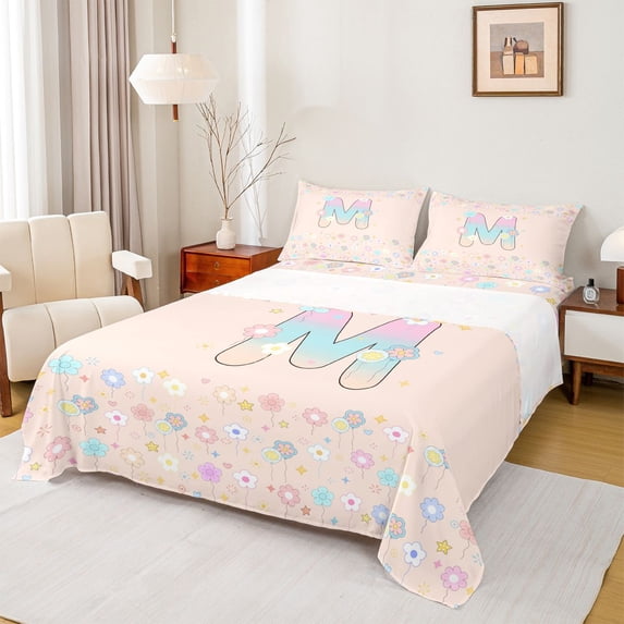 Castle Fairy Flower Balloon Letter M Full Size Sheets 4-Piece for Kids,Pastel Pattern Bed Sheets