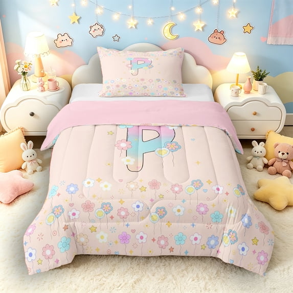 Castle Fairy Flower Balloon Letter P Twin Comforter Sets 3-Piece for Girls,Pastel Initial Bedding Set,Pink Reversible