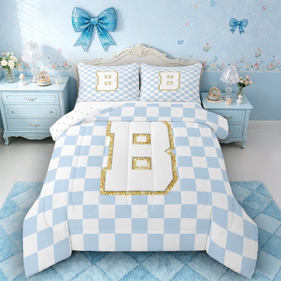 Castle Fairy Gold Glitter Checkered Letter B Full Size Comforter Sets 3 Pieces for Girls,Geometric Plaid Bedding Sets