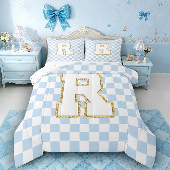 Castle Fairy Gold Glitter Checkered Letter R Queen Comforter Set 3pcs for Girls,Geometric Plaid Bedding Comforter Set