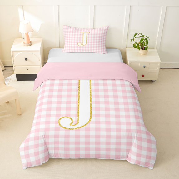 Castle Fairy Gold Letter J Twin Bedding for Girls,Geometric Plaid Duvet Cover Set,2pcs,No Comforter,Pink Reversible