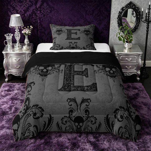 Castle Fairy Gothic Skull Letter E Twin Comforter Sets 3-Piece for Men,Ornate Pattern Bedding Set,Black Reversible