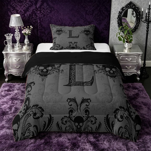 Castle Fairy Gothic Skull Letter L Twin Comforter Sets 3-Piece for Teens,Vintage Damask Bedding Set,Black Reversible